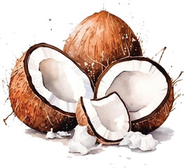 Watercolor Fresh ripe coconut, coconut half piece with white flesh. Tropical coconut fruits on white background.