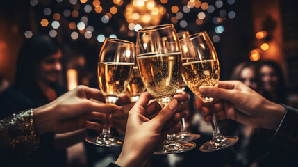 Friends toasting with champagne at new year party. AI - obrazy, fototapety, plakaty