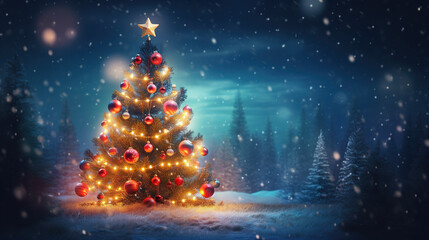 Christmas tree with lights and decorations, copy space. AI