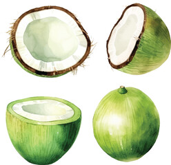 Watercolor Coconut milk vector illustration. Realistic composition of milk bottle with coconuts and palm leaves on white background