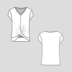 Womens front twist t-shirt v neck short sleeve  fashion knot top blouse flat sketch technical drawing template deign vector