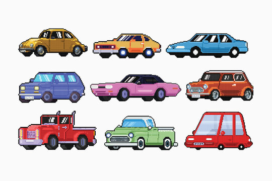 cars collection set in pixel art style