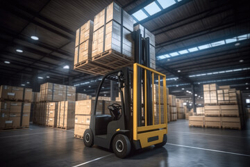 Naklejka premium Forklift in warehouse, Boxes are on the shelves of the warehouse, Warehousing, machinery concept, Logistics in stock.