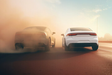 Fototapeta premium An electric car and a car with an internal combustion engine surrounded by clouds of smoke and exhaust gas. The negative impact of vehicles using fuel and gasoline on the environment, ecology, climate