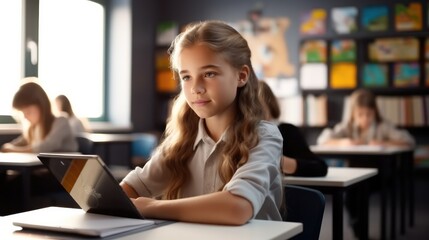 Fototapeta premium Portrait of schoolgirl sitting at desk and using tablet in school classroom.
