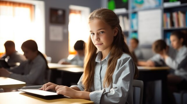 Portrait of schoolgirl sitting at desk and using tablet in school classroom.