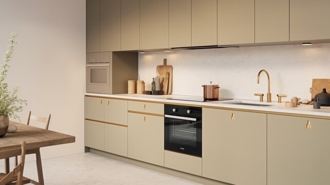 Kitchen interior with cooking corner and cabinet with modern appliances.