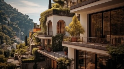 View of a residential building in Mid Century Style with balcony,