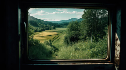 Landscape beautiful view out of window from riding train among summer nature with hills.
