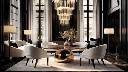 Interior design home dining room with Marble and Glass material and Statement chandelier.