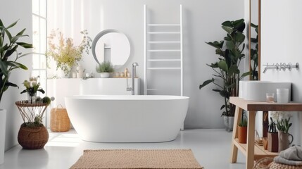 Fototapeta na wymiar Interior of light bathroom with bathtub and plants in modern apartment.
