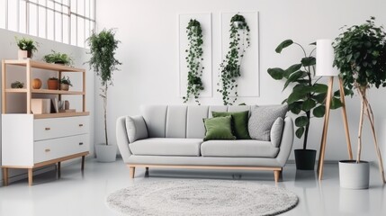 Living room with cozy grey sofa in a loft style interior with potted plants, Cozy bright room, carpet.