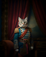 A portrait of a cat wearing historical military uniform, dark red plush curtains in the background. 