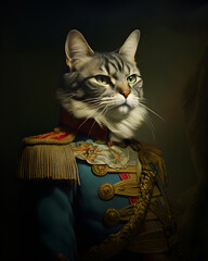A portrait of cat dressed in historical attire, trendy pop art.