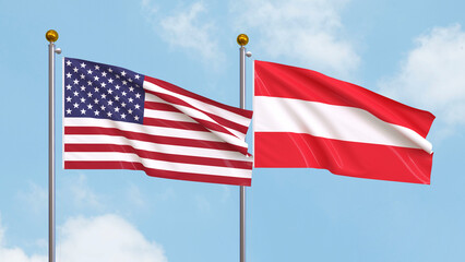 Waving flags of the United States of America and Austria on sky background. Illustrating International Diplomacy, Friendship and Partnership with Soaring Flags against the Sky. 3D illustration.