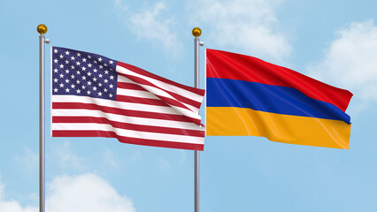 Waving flags of the United States of America and Armenia on sky background. Illustrating International Diplomacy, Friendship and Partnership with Soaring Flags against the Sky. 3D illustration.