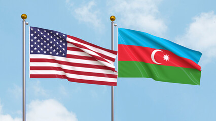 Waving flags of the United States of America and Azerbaijan on sky background. Illustrating International Diplomacy, Friendship and Partnership with Soaring Flags against the Sky. 3D illustration.