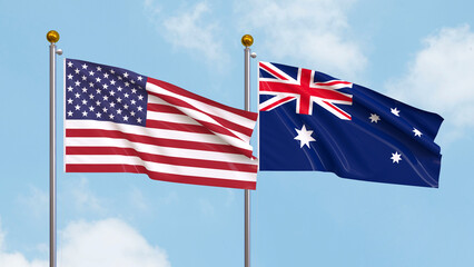 Waving flags of the United States of America and Australia on sky background. Illustrating International Diplomacy, Friendship and Partnership with Soaring Flags against the Sky. 3D illustration.