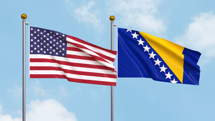 Flags of the United States of America and Bosnia and Herzegovina on sky background. Illustrating Diplomacy, Friendship and Partnership with Soaring Flags against the Sky. 3D illustration.