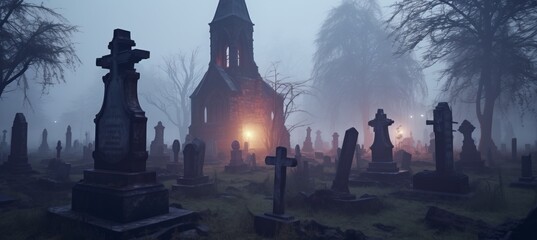 Graveyard on melancholic creepynight background. Generative AI technology.