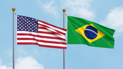 Waving flags of the United States of America and Brazil on sky background. Illustrating International Diplomacy, Friendship and Partnership with Soaring Flags against the Sky. 3D illustration.