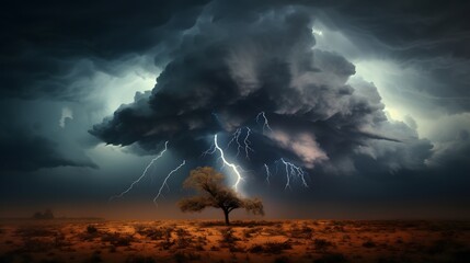 Conceptual image of stormy weather with lightning striking a tree. Lightning strike in a thunderstorm.