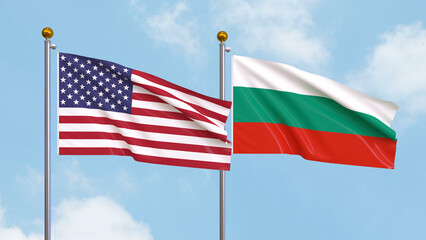 Waving flags of the United States of America and Bulgaria on sky background. Illustrating International Diplomacy, Friendship and Partnership with Soaring Flags against the Sky. 3D illustration.