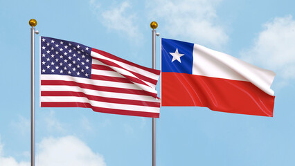 Waving flags of the United States of America and Chile on sky background. Illustrating International Diplomacy, Friendship and Partnership with Soaring Flags against the Sky. 3D illustration.