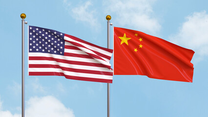Waving flags of the United States of America and China on sky background. Illustrating International Diplomacy, Friendship and Partnership with Soaring Flags against the Sky. 3D illustration.