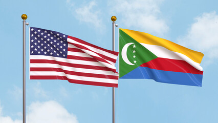 Waving flags of the United States of America and Comoros on sky background. Illustrating International Diplomacy, Friendship and Partnership with Soaring Flags against the Sky. 3D illustration.