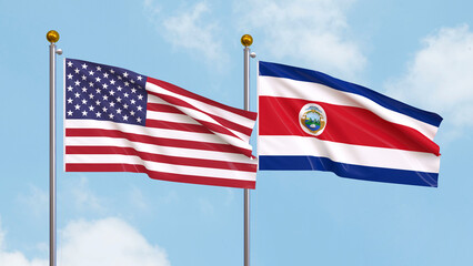 Waving flags of the United States of America and Costa Rica on sky background. Illustrating International Diplomacy, Friendship and Partnership with Soaring Flags against the Sky. 3D illustration.