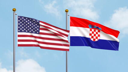 Waving flags of the United States of America and Croatia on sky background. Illustrating International Diplomacy, Friendship and Partnership with Soaring Flags against the Sky. 3D illustration.