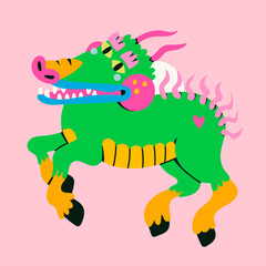 Horse with crocodile head. Cute abstract character. Monster or Beast. Cartoon trendy unique style. Hand drawn Vector illustration. Funny comic creature. Tattoo idea, poster, print, design template