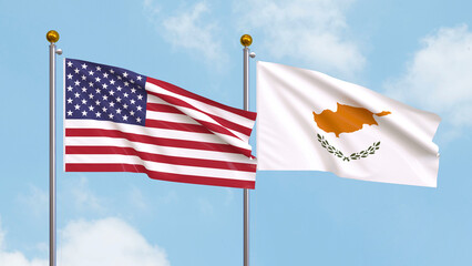 Waving flags of the United States of America and Cyprus on sky background. Illustrating International Diplomacy, Friendship and Partnership with Soaring Flags against the Sky. 3D illustration.
