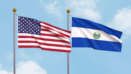 Waving flags of the United States of America and El Salvador on sky background. Illustrating International Diplomacy, Friendship and Partnership with Soaring Flags against the Sky. 3D illustration.