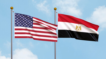 Waving flags of the United States of America and Egypt on sky background. Illustrating International Diplomacy, Friendship and Partnership with Soaring Flags against the Sky. 3D illustration.