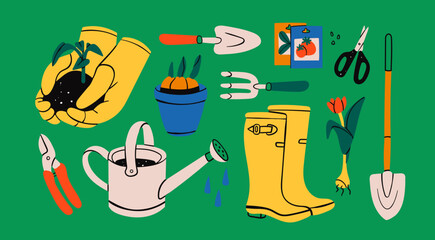 Set of various garden items. Gardening Tools. Gloves with seedling, flower pot, tulip, shears, scissors, shovel, rubber boots, watering can, seeds. Hand drawn Vector illustration. Horticulture concept © Dariia