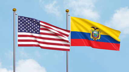Waving flags of the United States of America and Equador on sky background. Illustrating International Diplomacy, Friendship and Partnership with Soaring Flags against the Sky. 3D illustration.