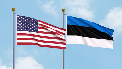Waving flags of the United States of America and Estonia on sky background. Illustrating International Diplomacy, Friendship and Partnership with Soaring Flags against the Sky. 3D illustration.