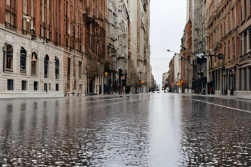 a road in a rainy city. Generative AI