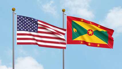 Waving flags of the United States of America and Grenada on sky background. Illustrating International Diplomacy, Friendship and Partnership with Soaring Flags against the Sky. 3D illustration.