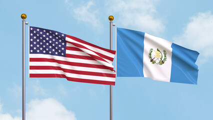 Waving flags of the United States of America and Guatemala on sky background. Illustrating International Diplomacy, Friendship and Partnership with Soaring Flags against the Sky. 3D illustration.