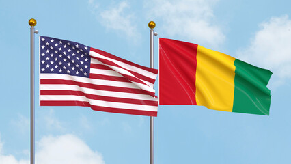 Waving flags of the United States of America and Guinea on sky background. Illustrating International Diplomacy, Friendship and Partnership with Soaring Flags against the Sky. 3D illustration.