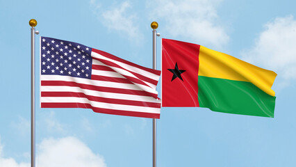Waving flags of the United States of America and Guinea-Bissau on sky background. Illustrating International Diplomacy, Friendship and Partnership with Soaring Flags against the Sky. 3D illustration.