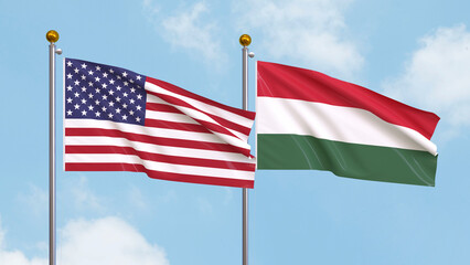 Waving flags of the United States of America and Hungary on sky background. Illustrating International Diplomacy, Friendship and Partnership with Soaring Flags against the Sky. 3D illustration.