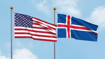 Waving flags of the United States of America and Iceland on sky background. Illustrating International Diplomacy, Friendship and Partnership with Soaring Flags against the Sky. 3D illustration.