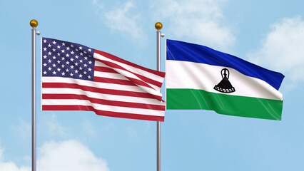 Waving flags of the United States of America and Lesotho on sky background. Illustrating International Diplomacy, Friendship and Partnership with Soaring Flags against the Sky. 3D illustration.