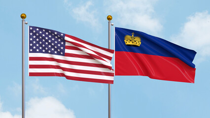 Waving flags of the United States of America and Liechtenstein on sky background. Illustrating International Diplomacy, Friendship and Partnership with Soaring Flags against the Sky. 3D illustration.