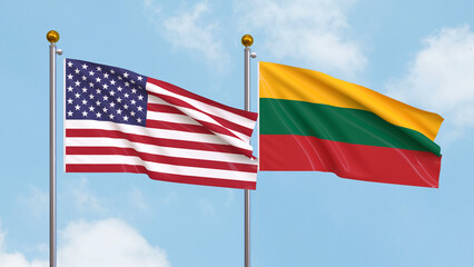 Waving flags of the United States of America and Lithuania on sky background. Illustrating International Diplomacy, Friendship and Partnership with Soaring Flags against the Sky. 3D illustration.