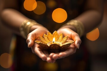 Diwali Hindu Festival of lights celebration. Diya lamp in woman hands, close up